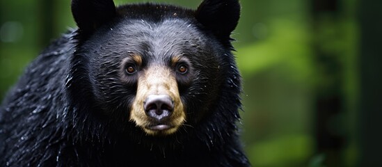 Asian black bear with damp coat standing in forest
