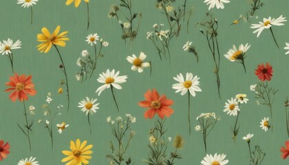 Wildflowers on a long green linen background. Abstract floral background.