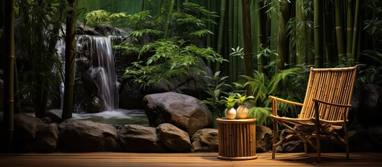 A chair by a jungle waterfall