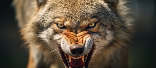 A wolf baring teeth and a fierce North American coyote close-up - obrazy, fototapety, plakaty