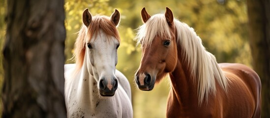Two horses standing in the woods