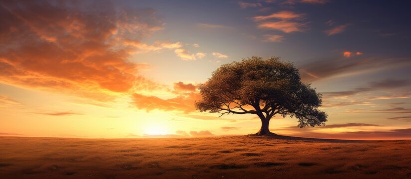 A single tree in a field during sundown