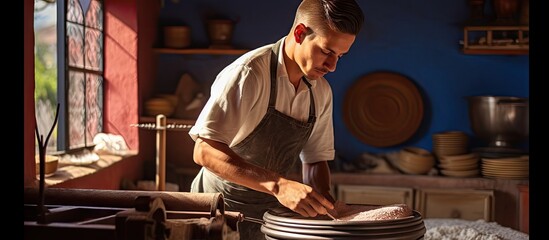 Man in apron preparing dish in kitchen