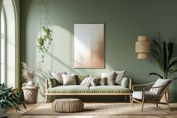 Front view of a minimalist Scandinavian style living room with sofa with a wall art frame over it on a sage green wall background. Wall art mockup in a sage green living room