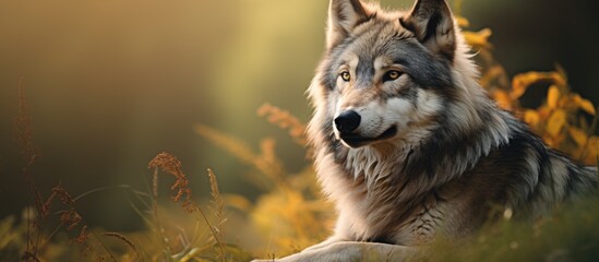 Grey Wolf on Grass under Sunbeam