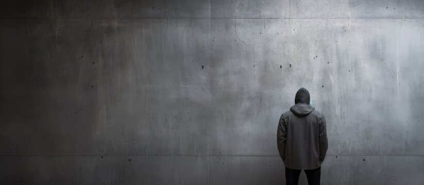 Man in hoodie by wall, mature male in dark urban setting