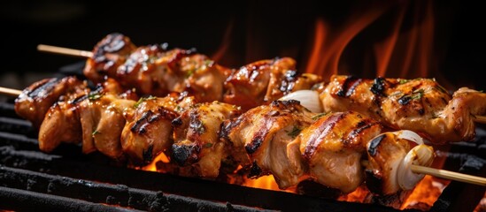 A grill with skewered meat and Arabic cuisine Shish Kebabs