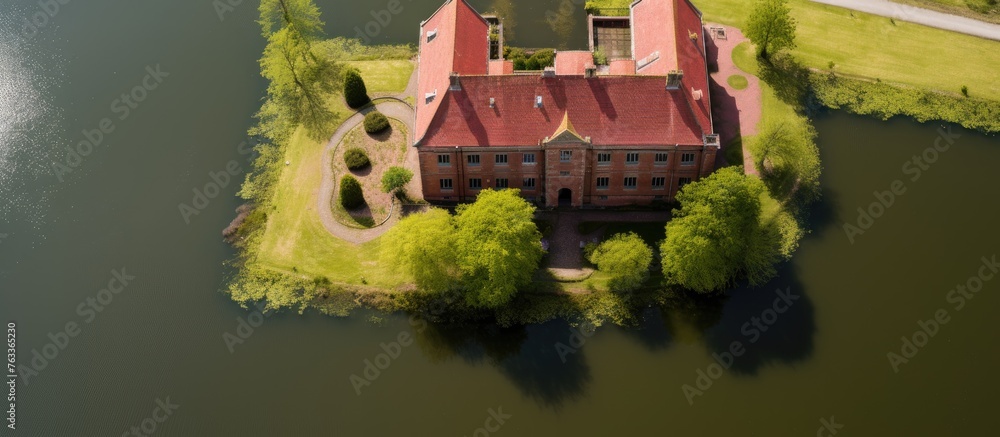Poster Aerial view of a red brick building with a pond in front