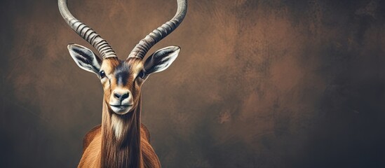 Deer with lengthy horns in front of brown backdrop - obrazy, fototapety, plakaty