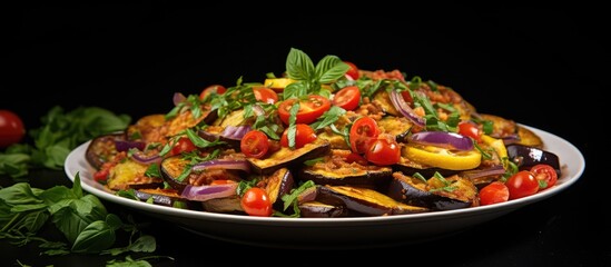 Plate of assorted vegetables topped with herbs - obrazy, fototapety, plakaty
