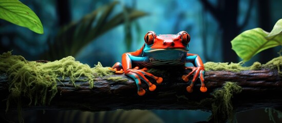 A frog perched on tree branch in lush rainforest habitat