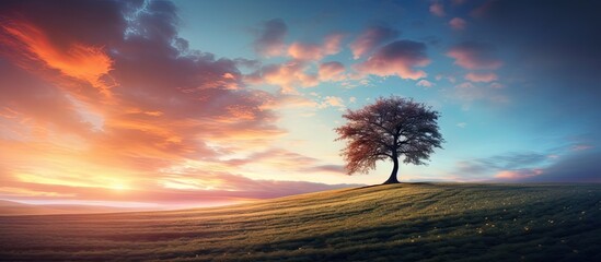 Lonely tree on hill with sunset in background - obrazy, fototapety, plakaty
