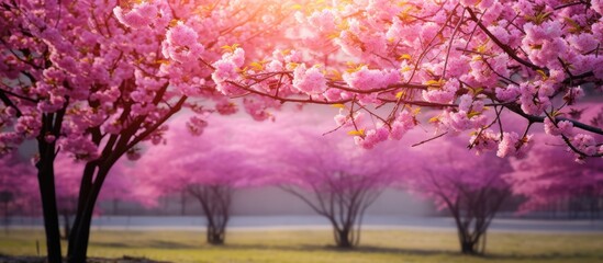 Close up of blooming pink flowers on a tree in a park