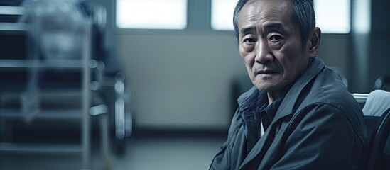 Man sitting in chair wearing a jacket, old Asian man looking sad in hospital hallway - obrazy, fototapety, plakaty