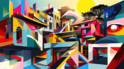 Abstract landscape of a city, urban area, bright colors, contrast, clutter, baroque, excess, sloppy lines, silhouettes, perspective. Generative by AI