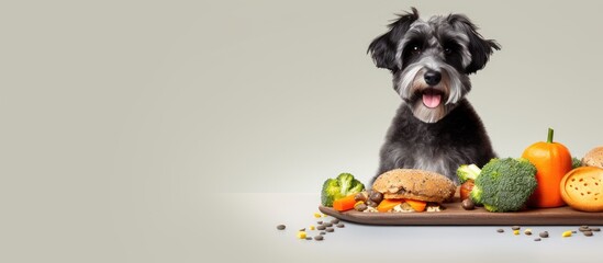 Dog sitting behind food tray with sandwich