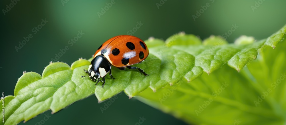 Poster a ladybug on a leaf with green background