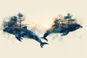 Two Dolphins Swimming in Water