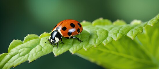 Obraz premium A ladybug on a leaf with green background
