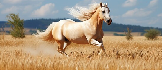 White horse running in tall grass, palomino horse galloping in a field