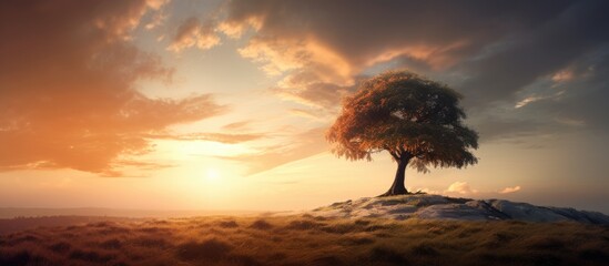 A solitary tree on a hill with a scenic sunset - obrazy, fototapety, plakaty