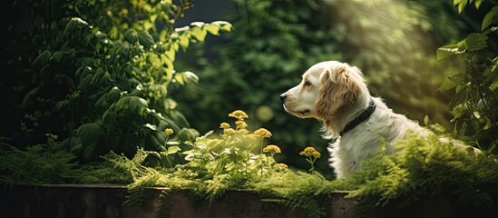 Dog sitting in grass near flowers