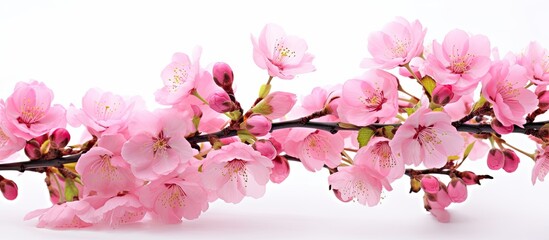 Pink flowers on green branch isolated on white background