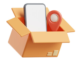 3d icon of open cardboard box with smart phone and map pin