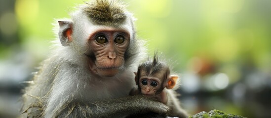 Fototapeta premium Baby monkey embracing mother in Monkey Forest Ubud Bali
