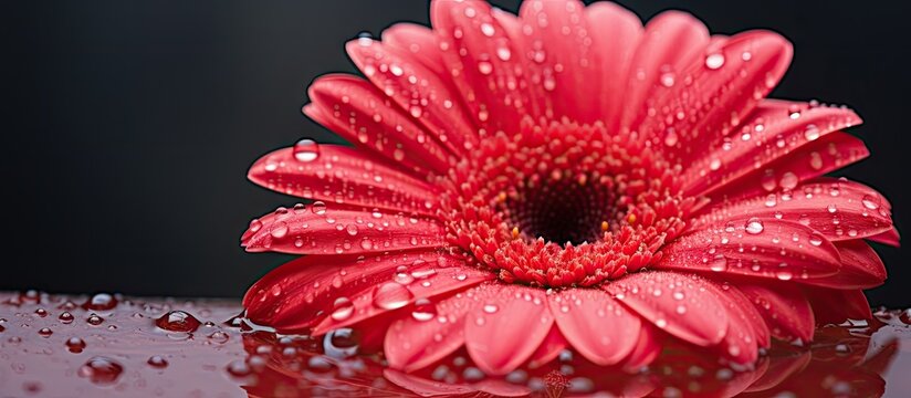Water droplets on red flower atop black surface