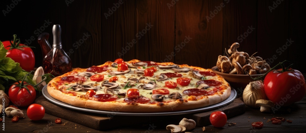 Poster pizza with mushrooms and tomatoes on table