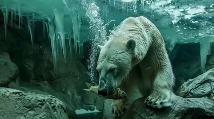 An underwater view captures a polar bear successfully catching a fish, highlighting the raw power of this arctic predator.