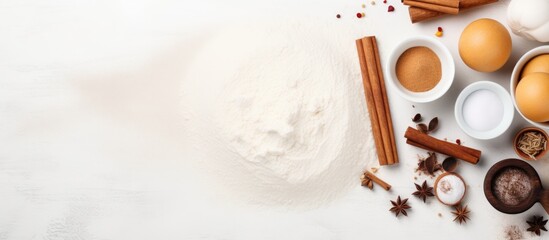 Ingredients prepared for baking on a white surface with sugar, eggs, and cinnamon - Powered by Adobe