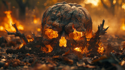 Emerging demonic pumpkin skull, claws reaching out.generative ai