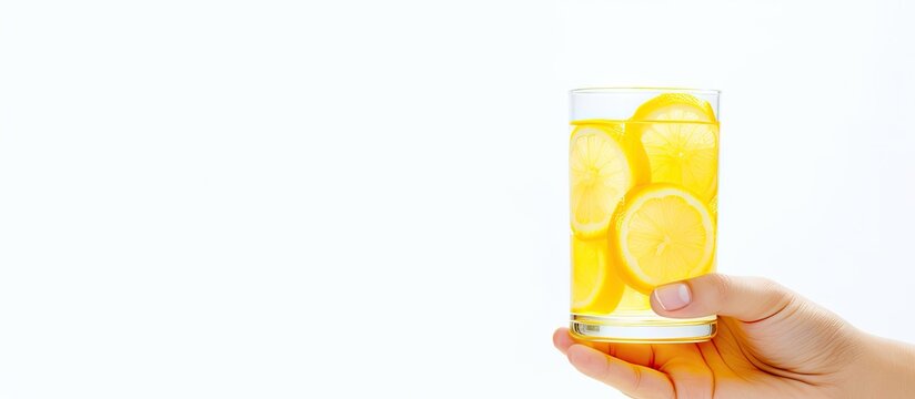Person holding a glass of lemonade with a lemon slice