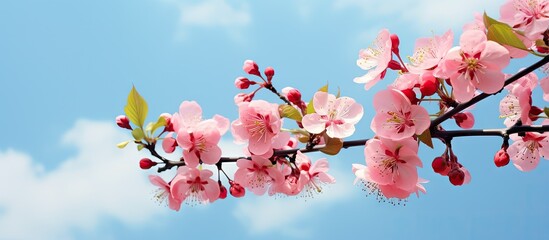 Pink flower on branch under blue sky