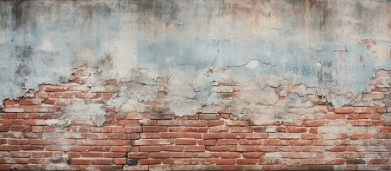 A weathered brick wall with faded blue paint