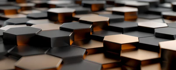 Fotobehang An abstract technological modern hexagonal background showcases a captivating blend of black and gold colors, complemented by highlights that add depth and sophistication to the overall design. © Evgeniia