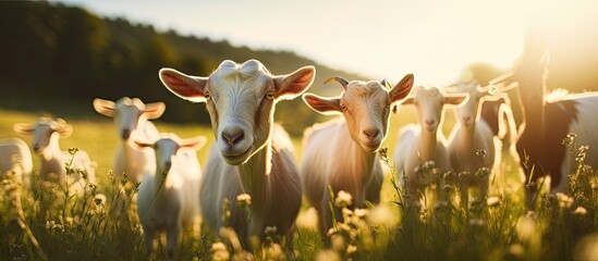 Many goats in tall grass field - obrazy, fototapety, plakaty