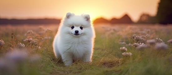 Fluffy dog sits in grassy field at sunset