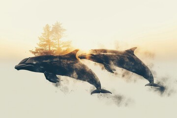 Two Dolphins Jumping With Trees Background