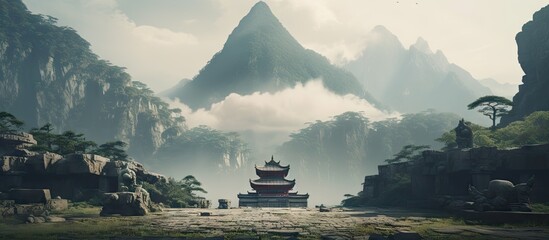 Old temple nestled among towering mountains under overcast sky - obrazy, fototapety, plakaty
