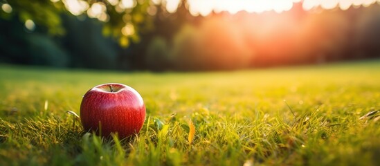 A red apple resting in the grass on the ground - Powered by Adobe