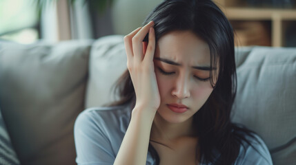 Dizzy asian young woman, girl headache or migraine pain suffering from vertigo while sitting on couch in living room at home, holding nose with hand, health problem of brain or inner ear not balance.
