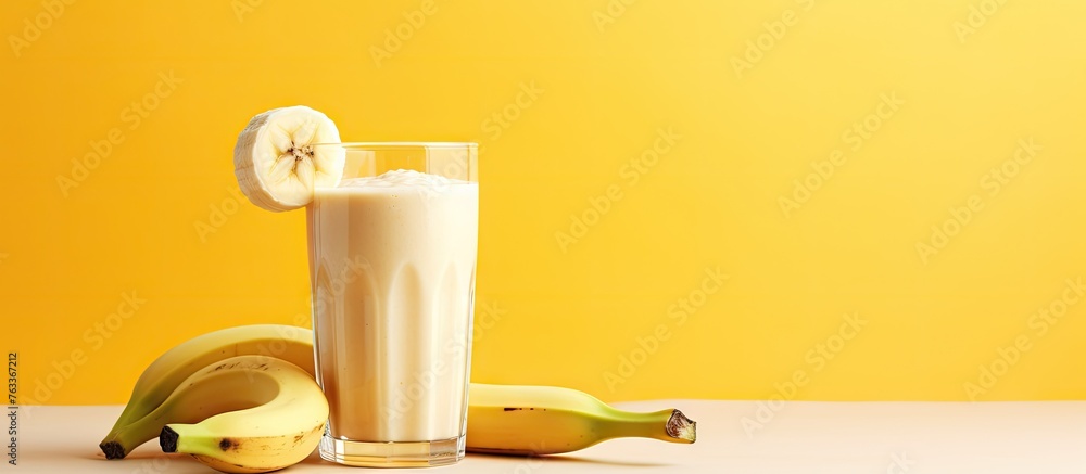 Poster a table displaying a banana and a glass of milk