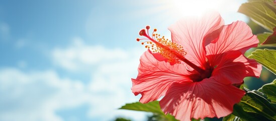 Pink flower amidst green foliage, Hibiscus bloom in sunlight - obrazy, fototapety, plakaty
