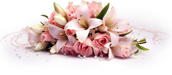 Pink flowers bouquet with pearls on a white background