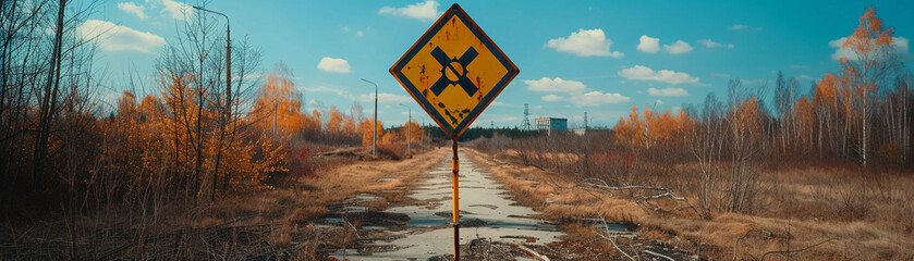 Chernobyl exclusion zone in Ukraine orange radiation sign professional color grading