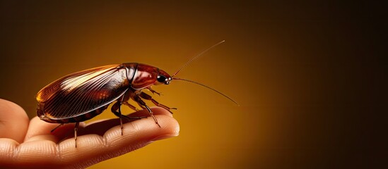 A person's hand holding a close-up of an unsightly cockroach - Powered by Adobe
