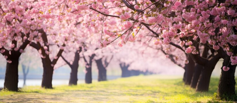 Group of pink flowering trees in grass